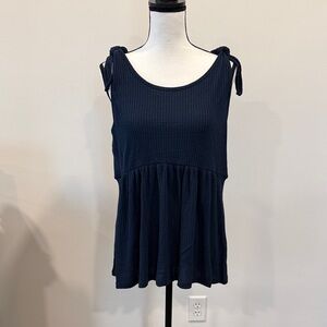 Spin USA Waffle Knit Navy Sleeveless Top with Tie Straps Size Large